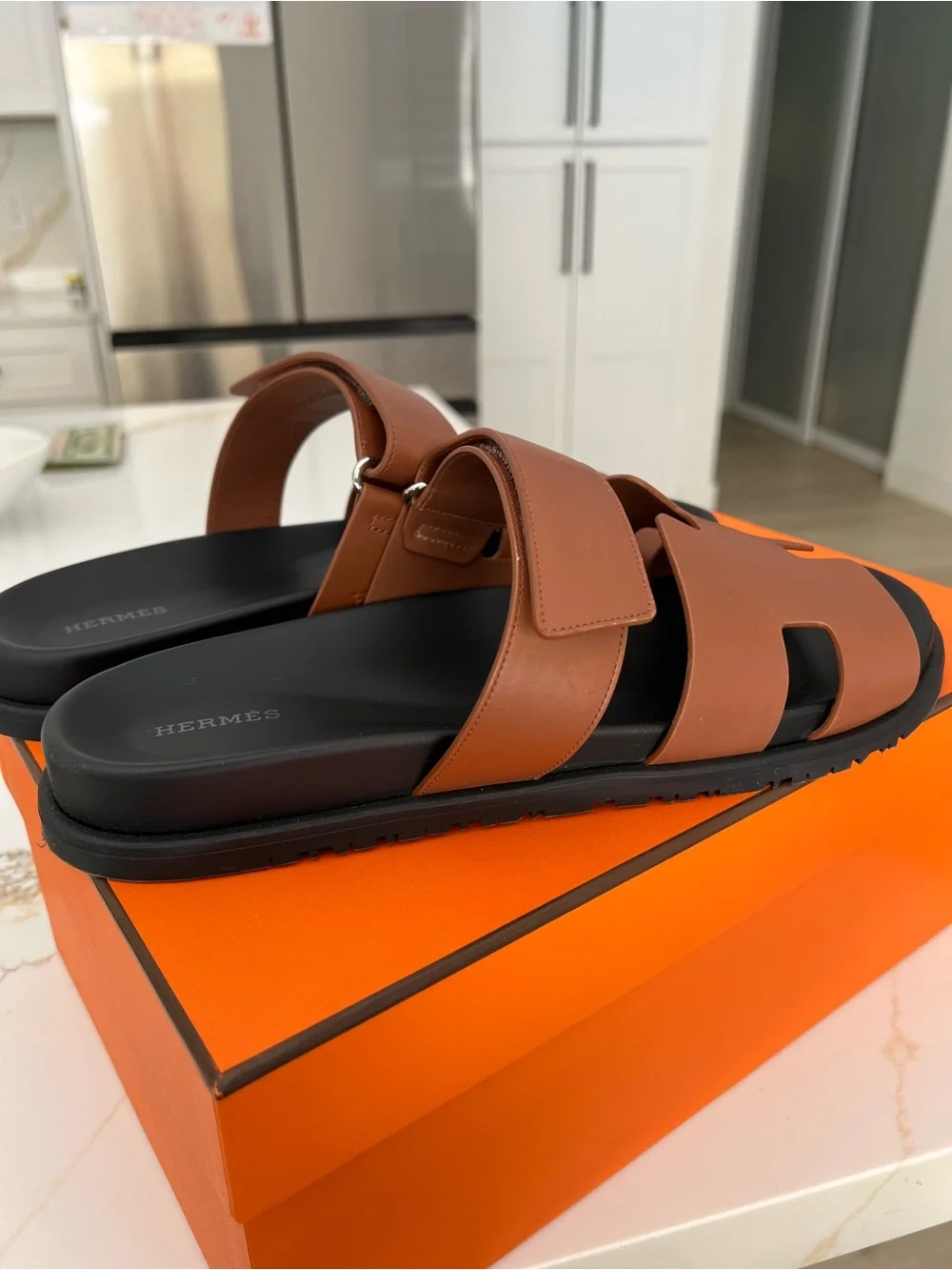 Hermes Chypre Brown Leather Slide Sandals  for Men size 46(13US)